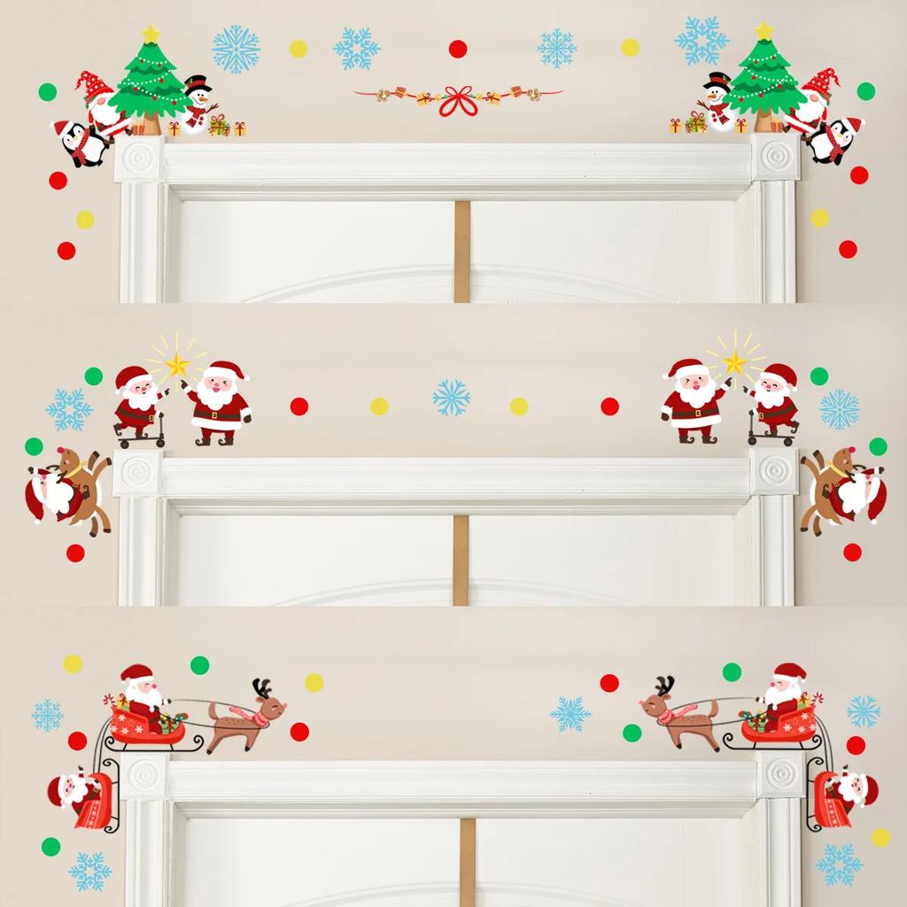 Merry Christmas Stickers Door Window Wall Decoration Cartoon Santa Snowman Xmas Tree Elk Sleigh Wallpaper Festival Room Decor