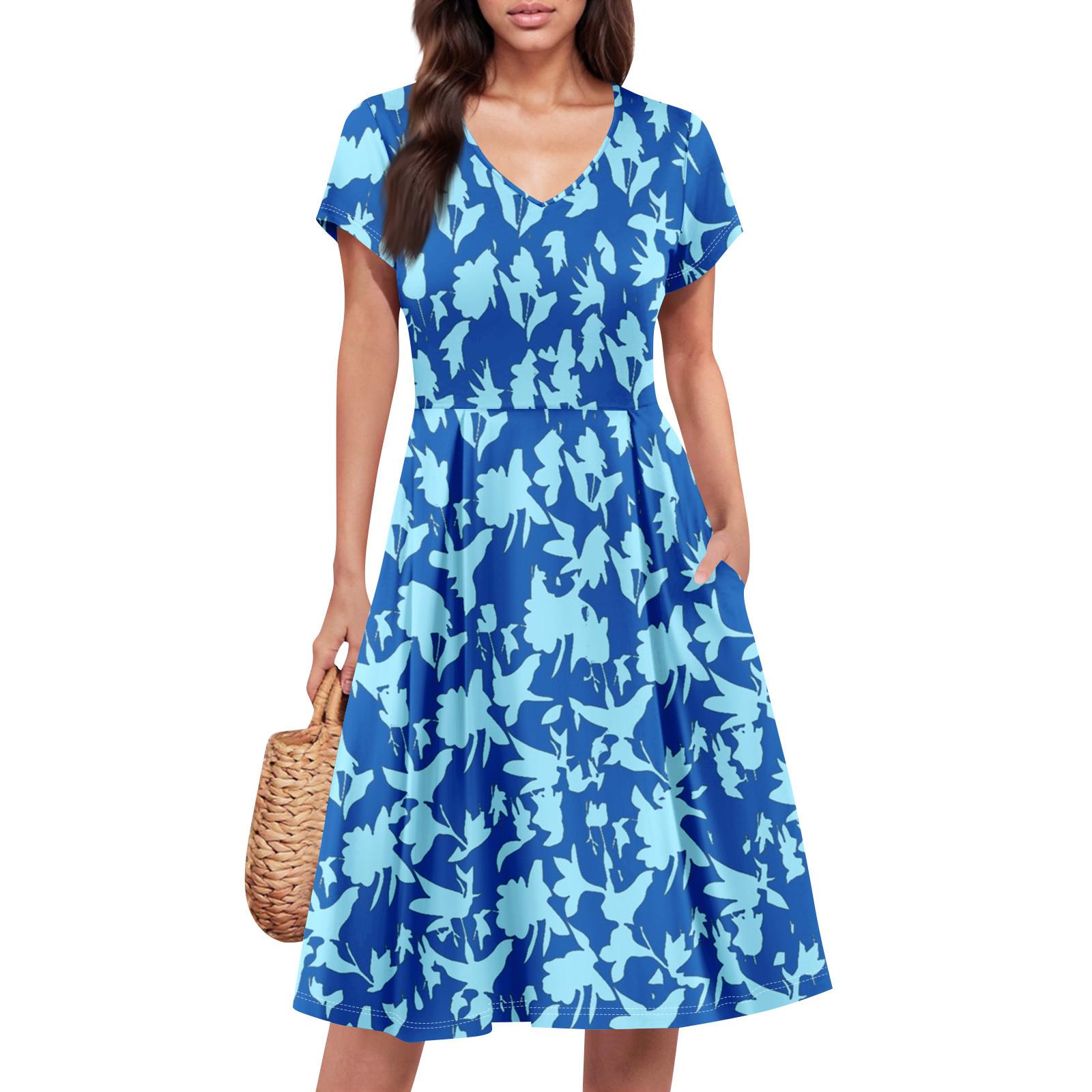 

Жіноча літня сукня з коротким рукавом, V-подібним вирізом, короткі сукні, модна повсякденна вільна сукня А-силуету, сукня-сарафан з кишенею S