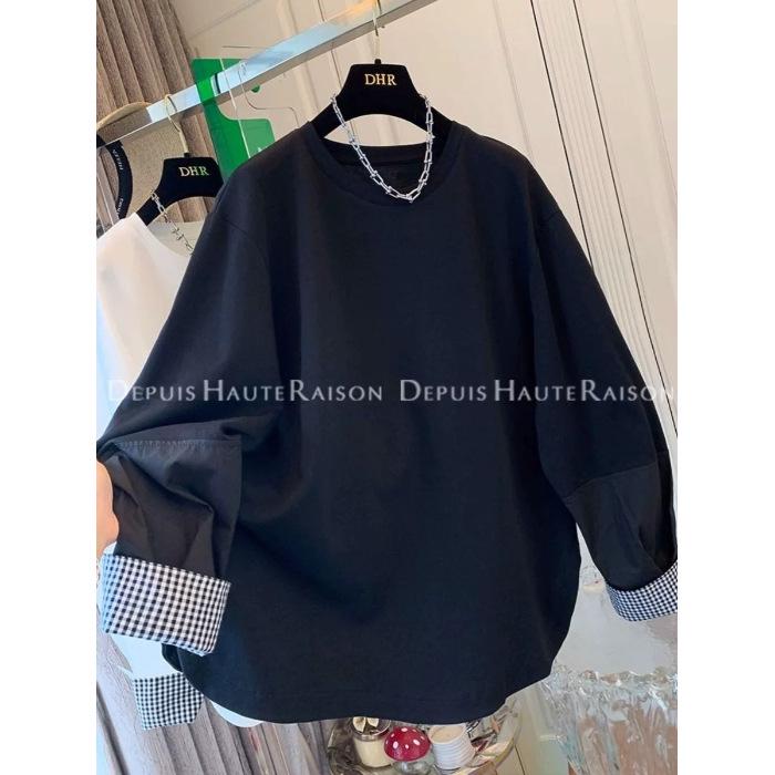 

Plus Size 240 Jin Two-Piece Look Long Sleeve T-Shirt - Women s Spring/Autumn Loose Korean Casual Patchwork Cotton Top L чорний