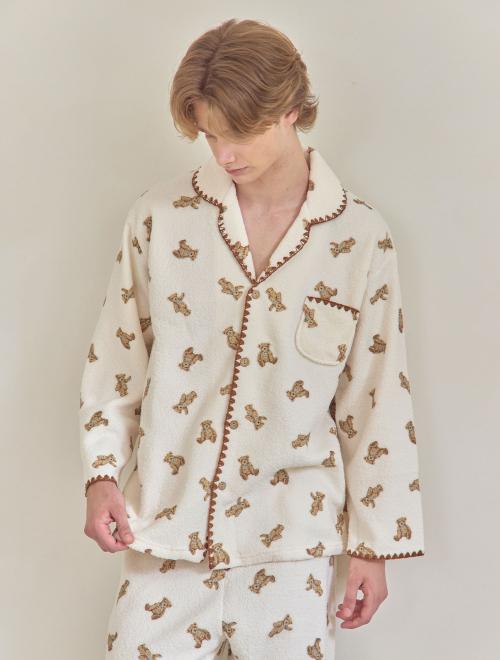 [LUNALUZ STUDIO] Men's Bear Mellow Fleece Long Sleeve Two-Piece Collar Pajama Set [Shipped from Korea] 100% Authentic