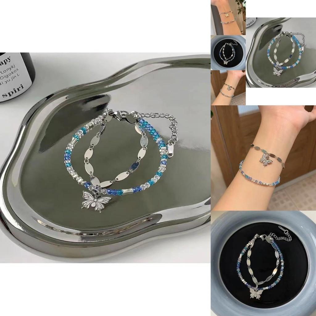 Stylish Double Layer Butterfly Bracelet For Women With Blue Crystal Beads