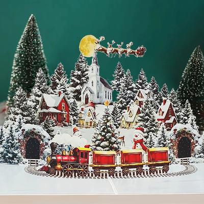 3D Julekort Aftenen Før Jul Scene Med Julemand, Rensdyr, Sneklædt Landsby & Månebelyst Himmel Festlig Hilsenkort F