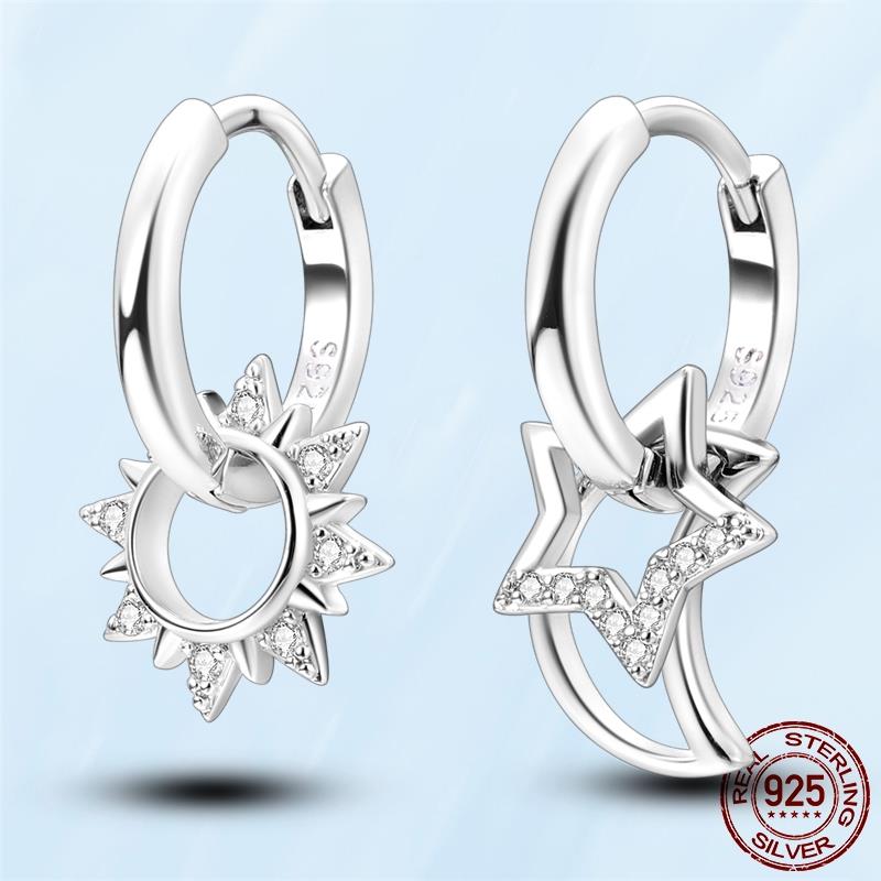 Real Original 925 Sterling Silver Daisy Flower Feather Hoop Heart Stud Earrings Fit Women Fashion Jewelry Engagement Party Gift