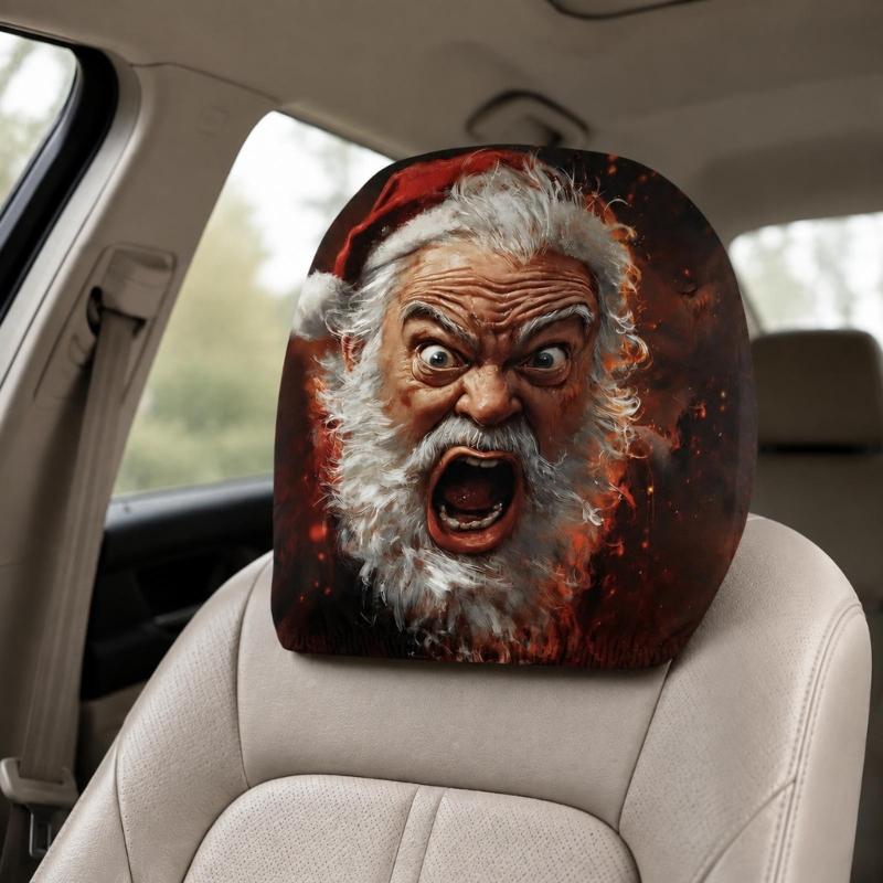Festive Vehicle Headrest Accent Covers, Santa Christmas Slip-On Polyester Set for Winter Driving and Car Styling