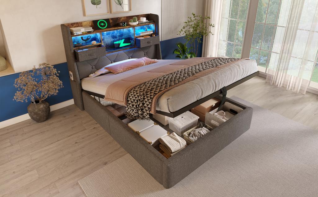 Upholstered Bed 90x200 Cm with Hydraulic Storage & LED Headboard, 4 Charging Station, Single Bed Slatted Base, Grey Linen Fabric (Without Mattress)