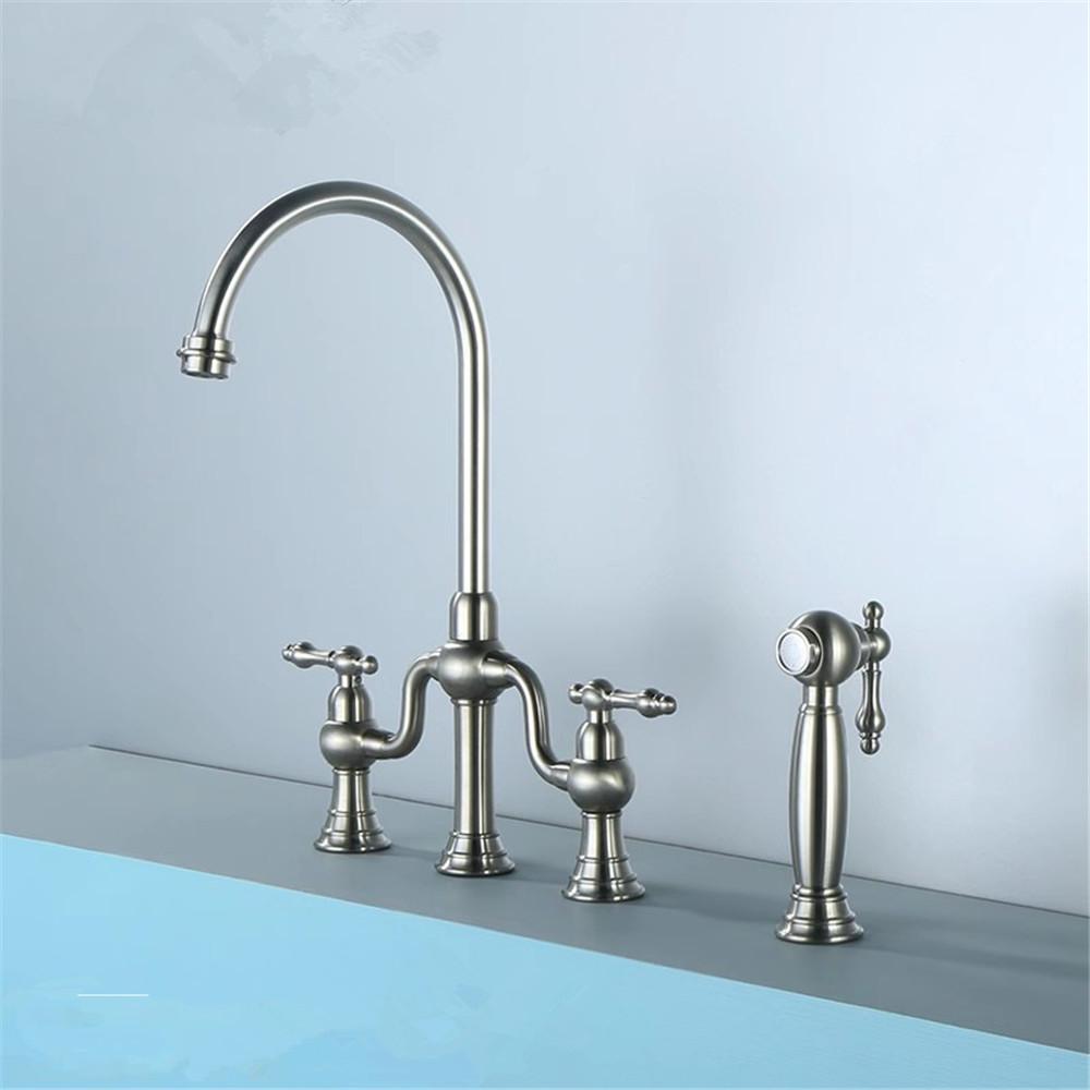 Tuqiu Brushed Gold Kitchen Faucet with Hand shower Head Black Pot Filler Tap Deck Mounted Hot Cold Black Sink Tap Spout Brass