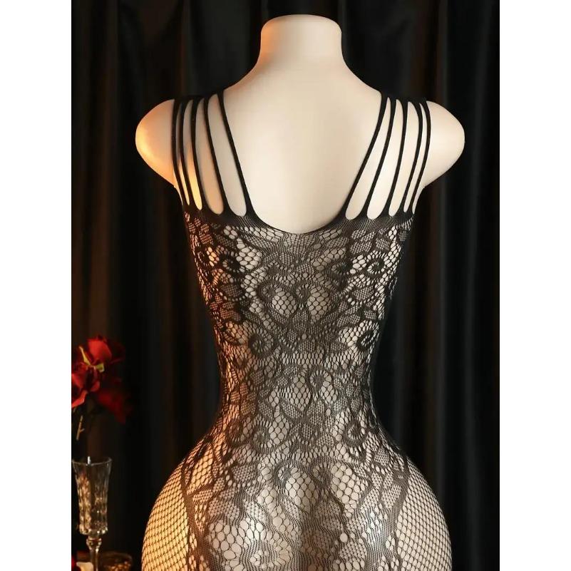 Sheer Floral Jacquard Fishnet Bodysuits - High Stretch, Open Chest, Women Sexy Lingerie Crotchless Bodystockings Babydoll Dress
