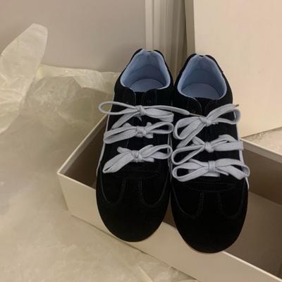 Cowhide Version~ Thick-soled Leather Color Matching Bow German Training Shoes Women's Super Soft Casual Breathable Lace-up Sports Shoes Board Shoes