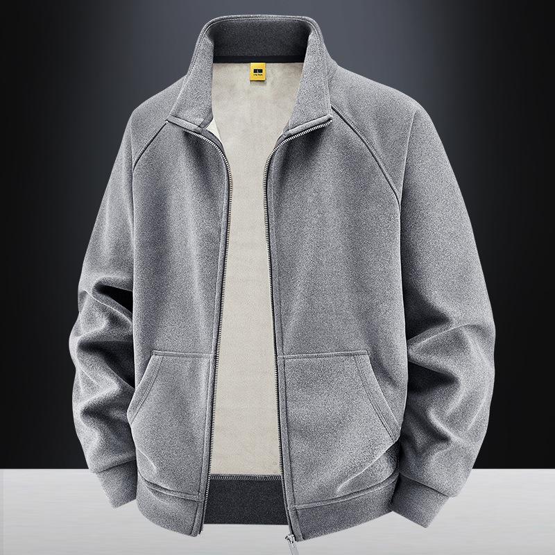 New American Sports Stand-up Collar German Velvet Sweatshirt Men's Autumn and Winter Basic Style Plus Velvet Thickened Cardigan Loose Solid Color