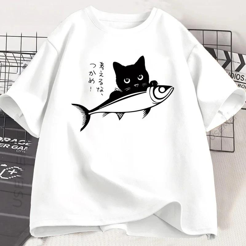 ZX Tee Black Cat T Shirt Women Cat Lover Tshirt Japanese Streetwear Fish T-Shirt Funny Kawaii Cat Owner Tshirt Women Short Sleeve