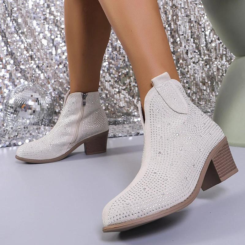 

Модные ботильоны на толстом каблуке с блестящими кристаллами для женщин 2024 года, новые модные туфли на высоком каблуке, женские роскошные ботильоны на молнии, большой размер 43 белый