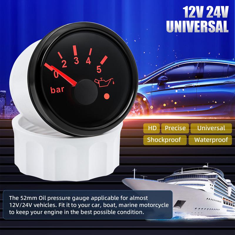 52mm Oil Pressure Gauge 0-5bar/0-10bar With Oil Pressure Sensor Red Backlight Car Digital pointer for Car Boat Marine