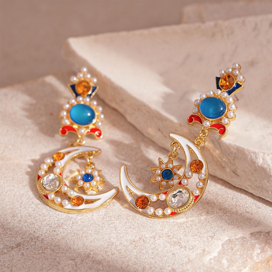 Retro Beads Moon Star Silver Needle Earrings French Style Earrings for Women