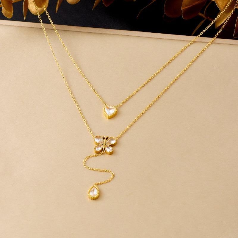 Gold Plated Double Layer Necklace with Heart Clover CZ Pendants, Dainty Adjustable Cable Chain for Women, Elegant Daily Jewelry