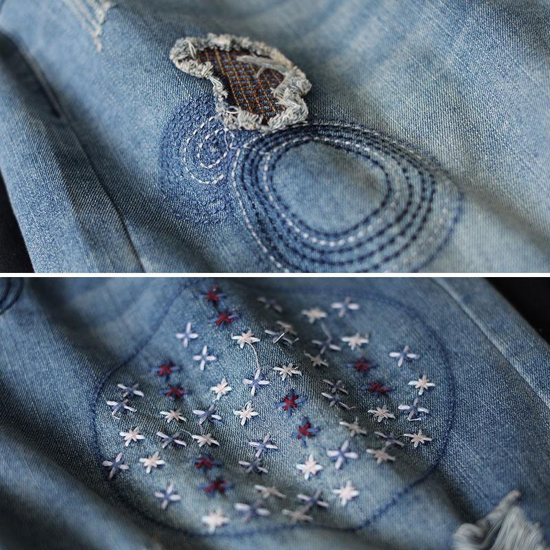 Summer Jeans Elastic Shorts Waistband Loose Casual Straight Leg Short Pants Embroidered Jeans for Women