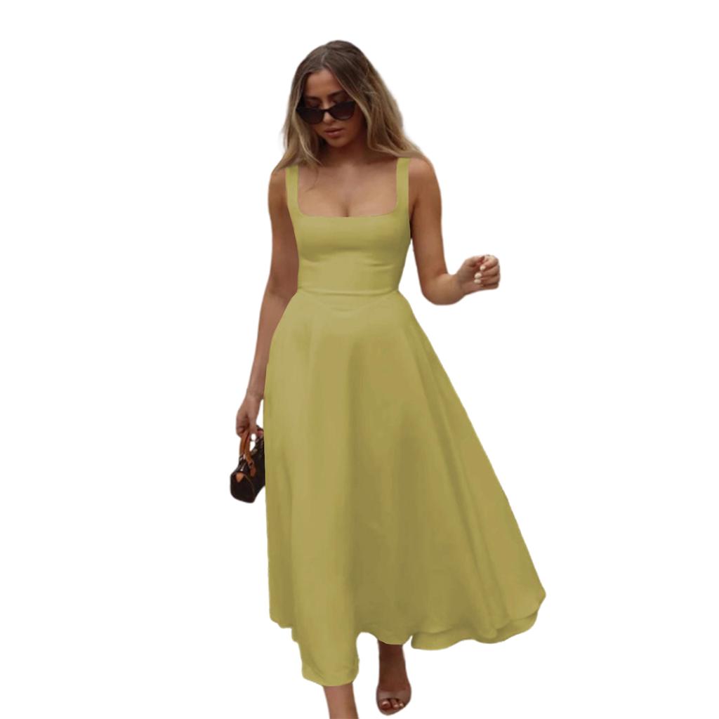 Women's Elegant Solid Color Square Neck Sleeveless Fitted Waist Suspender Dress