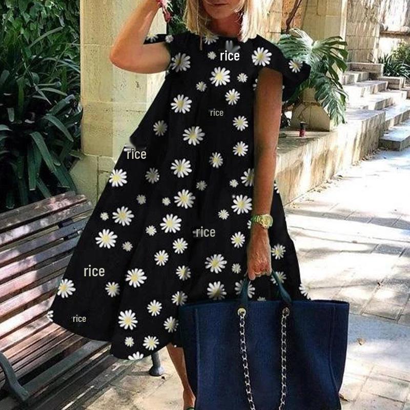 Leaf Print Summer Casual Dress with Flying Sleeves and Round Neck