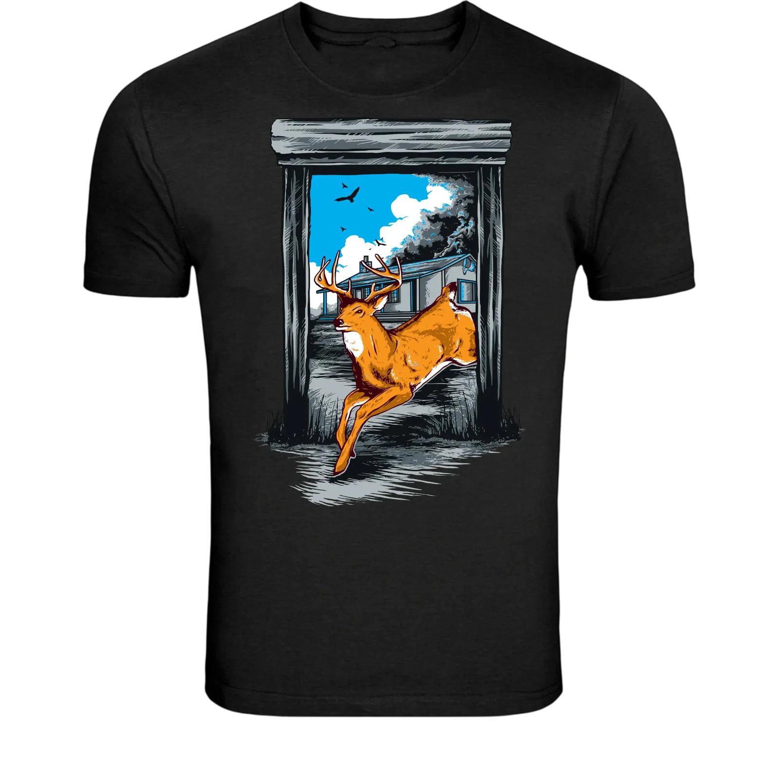 Deer Jumping Through Window T-Shirt - Nature Wildlife Graphic Tee M