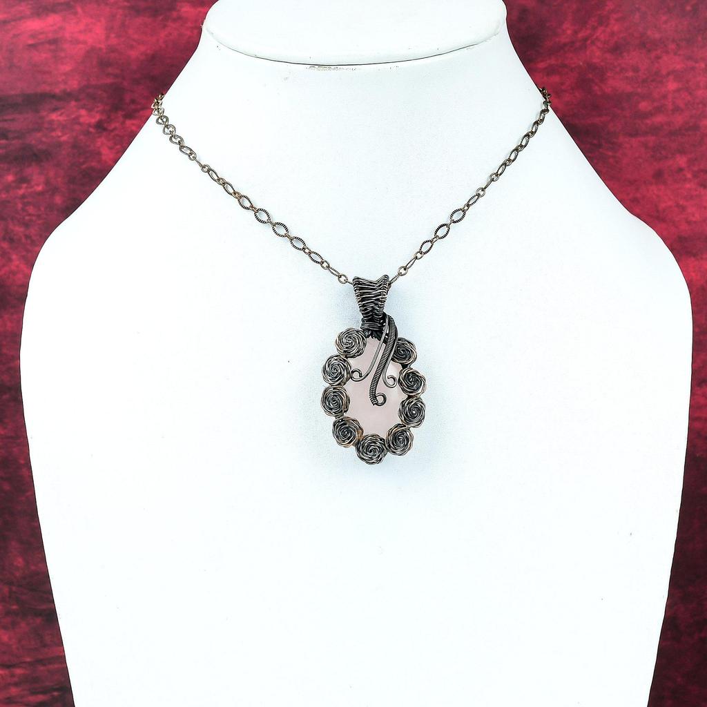 Rose Quartz Pendant Copper Wire Wrapped Pendant Handmade Pendant Wire Wrap Jewelry Gemstone Flower Pendant Copper Jewelry Anniversary Gifts