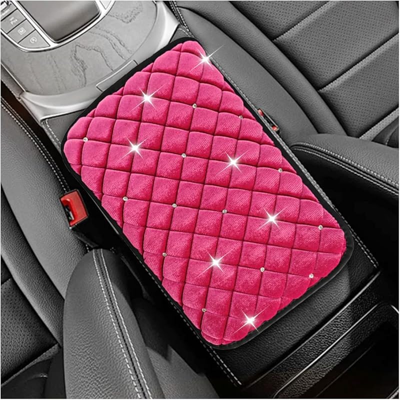 Bling Car Center Console Cover, Soft Comfortable Fluffy Car Armrest Cover, Crystal Rhinestone Seat Box Cushion Protector, Automotive Interior
