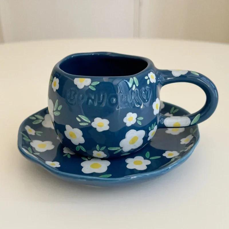 220ml Korean Style Flower Pattern Ceramic Cup and Saucer Hand-painted Letters Irregular Flower Coffee Mugs Afternoon Tea Cups