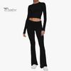 2 Pcs/Set Women Top Pants Suit Skinny High Waist O Neck Long Sleeves Pure Color Stretchy Soft Breathable Yoga Bell Bottoms T-shirt Set Spring Summer