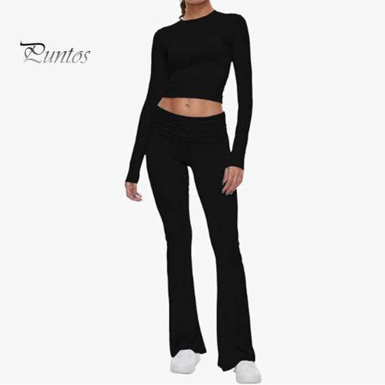 2 Pcs/Set Women Top Pants Suit Skinny High Waist O Neck Long Sleeves Pure Color Stretchy Soft Breathable Yoga Bell Bottoms T-shirt Set Spring Summer