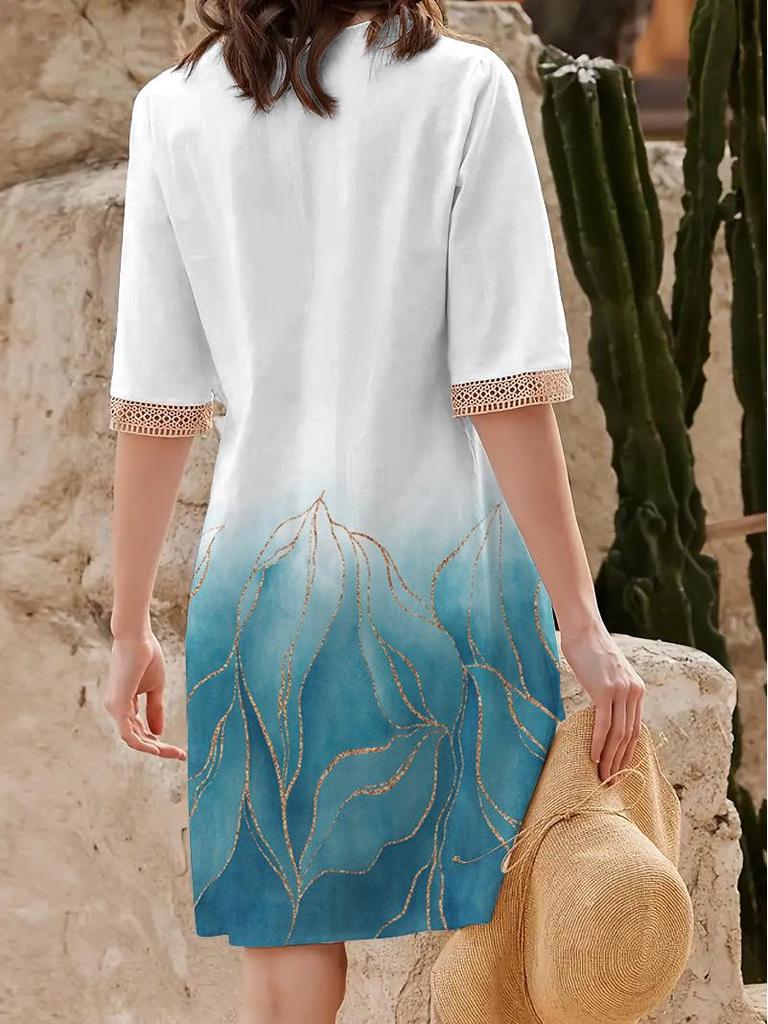 2025 Spring/Summer Lace V-Neck Print Midi Dress with Loose Hem