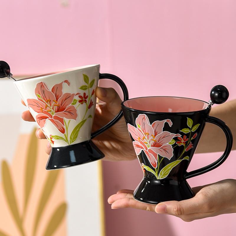 Good looking Embossed Coffee Cup with Spoon High End Exquisite Flower Mug Ceramic Design Niche Retro Features