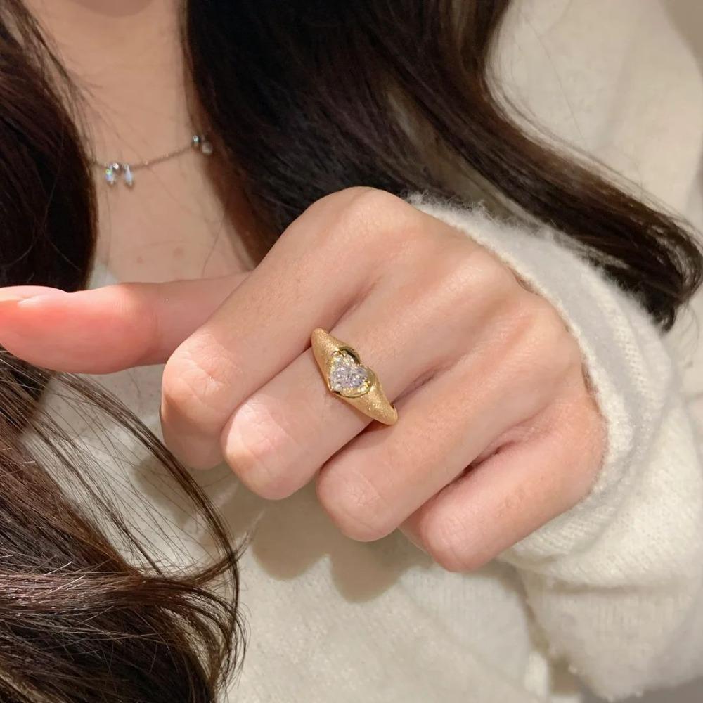 Open Ring French Vintage Gold Brushed Heart Ring with Zircon Elegant Minimalist Daily Wear for Women