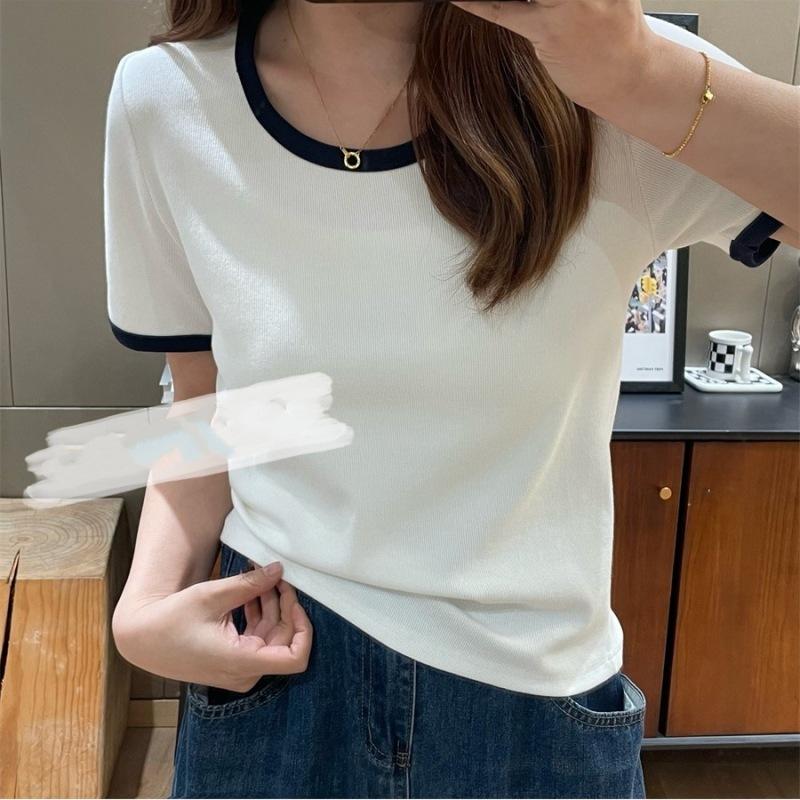 New contrasting color front shoulder U-neck short-sleeved T-shirt women's fashion versatile and thin top summer