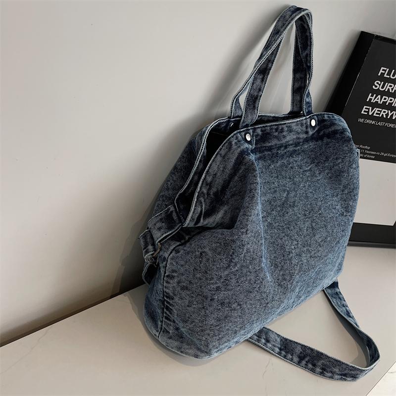 Large Capacity Denim Tote Bag Commuter Handbag Vintage Student Class Shoulder Crossbody Bag