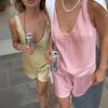 2 Piece Sets Shorts Outfits Women Satin Casual Tracksuits Summer V Neck Tops And Short Sets Sleeveless Drawstring Suits