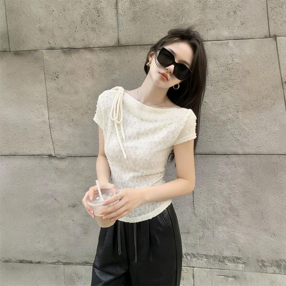 Gentle wind irregular straps short-sleeved t-shirt women's summer new unique beautiful grainy slim lace top