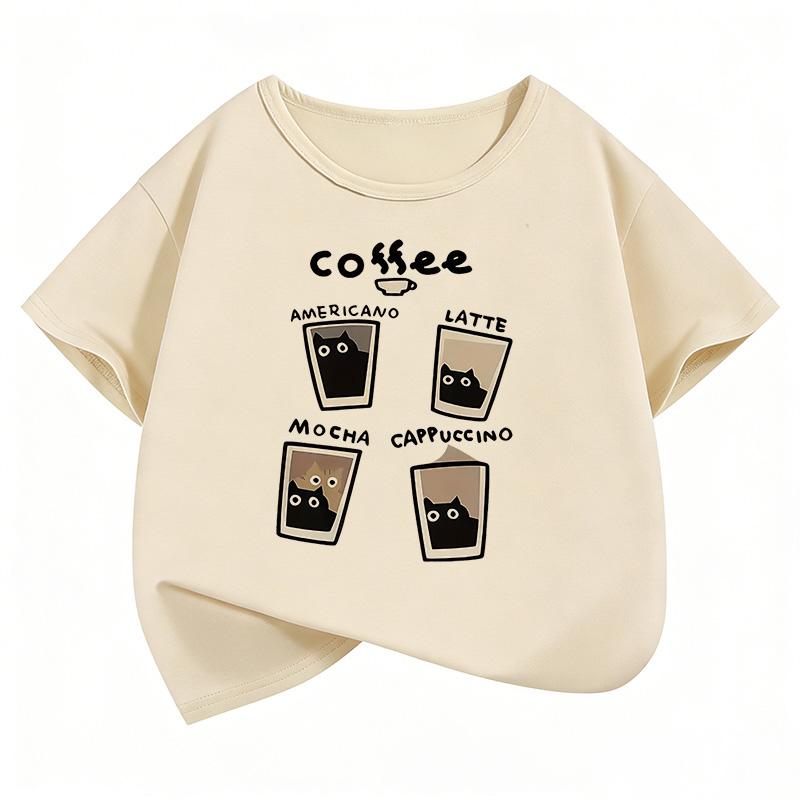 Coffee Cat Graphic Kids Tshirts Summer Short Sleeve Tees Cartoon Boys Girls Clothes Kawaii Tops Y2K Children Tshirt 110