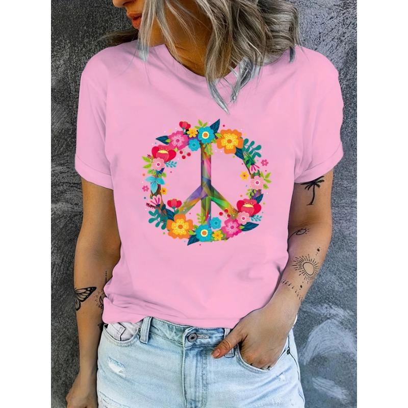 Peace Love Hippie Costume Tie Die 60s 70s Women's Casual Short Sleeve Summer T-Shirt O-Neck Tops Femminile Tee Graphic Tshirt