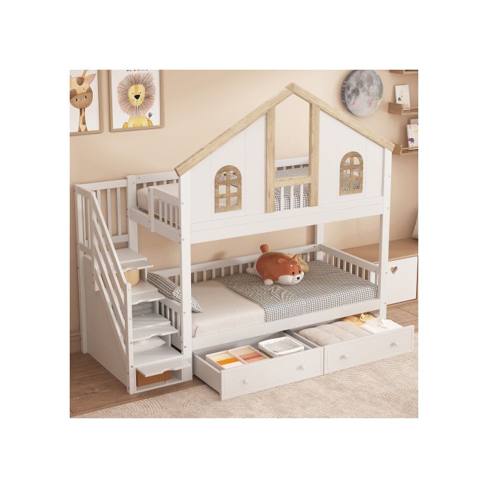 Pat supraetajat - MUVOE - 90x200 cm - Alb și tonuri naturale - 2 sertare - Siguranță EN747