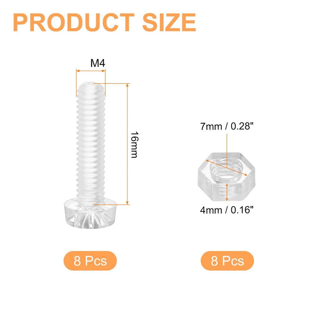 uxcell Clear Acrylic Screw M4 x 16mm Round Head Cross Recessed Bolts and Hex for Mechanical and DIY Crafts 8-Piece Kit, Nuts, Accessories,