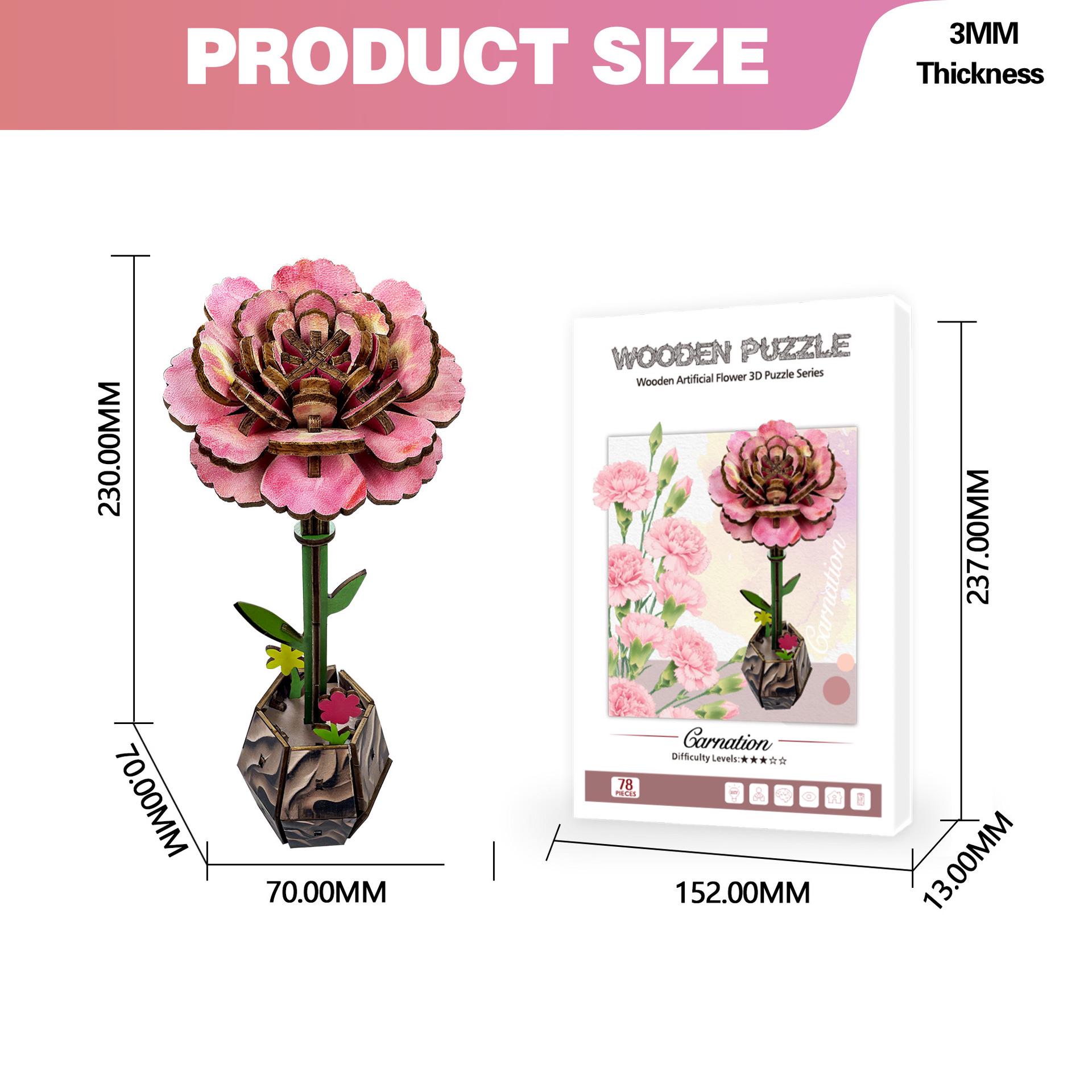 Wacocetoy 3D Wooden Cross Carnation Puzzle & DIY Coloring Set