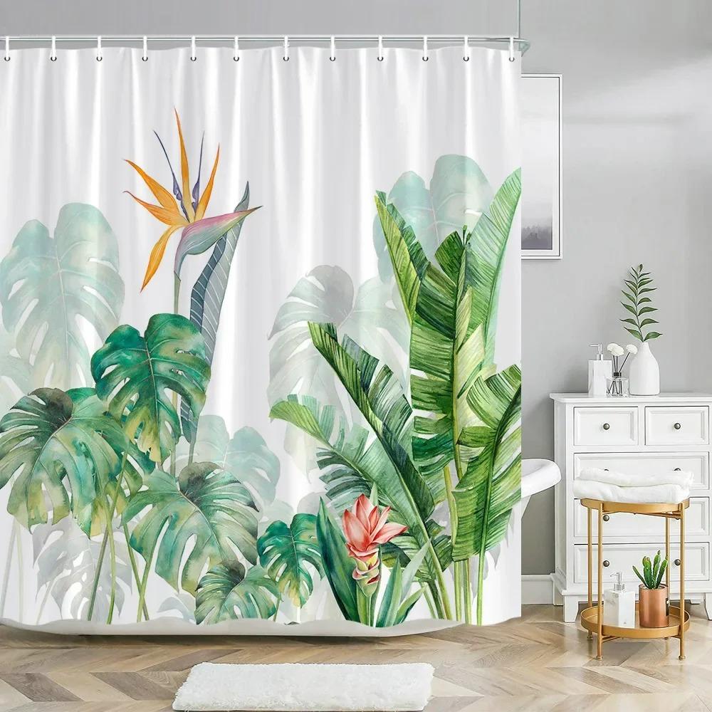 

Botanical Floral Shower Curtain Green Leaf Hummingbird Tropical Nature Landscape Polyester Fabric Shower Curtains Bathroom Decor W60H190(CM)-1 Pcs