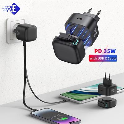 Neues EU US UK Stecker Einziehbarer Magnetischer USB GaN Charger 35W Typ C PD Schnell-Handyladegerät Eingebautes Quick Charge Kabel für Reisen