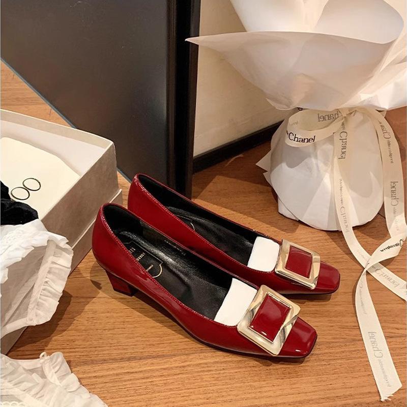 

Туфли-лодочки на толстом каблуке с квадратной пряжкой 2025 весна новые ретро с открытым подъемом квадратный носок толстый каблук офисные туфли на высоком каблуке женские 34