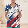 Women Plus Size V Neck Short Sleeve Scrub Top Paint Splash Patriotic Star Print Nurse Uniform Top
