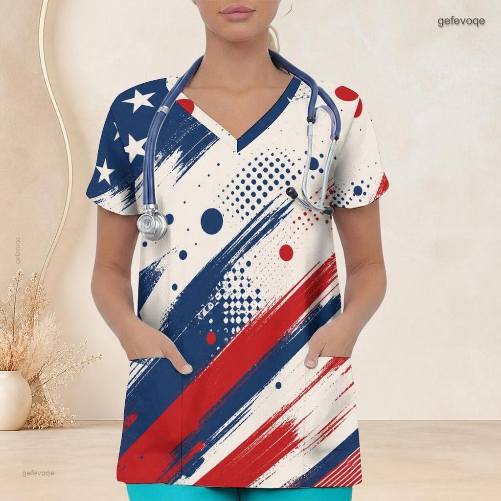 Women Plus Size V Neck Short Sleeve Scrub Top Paint Splash Patriotic Star Print Nurse Uniform Top