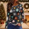 Women's Christmas Print Long Sleeve Top with Round Neck and Side Slit