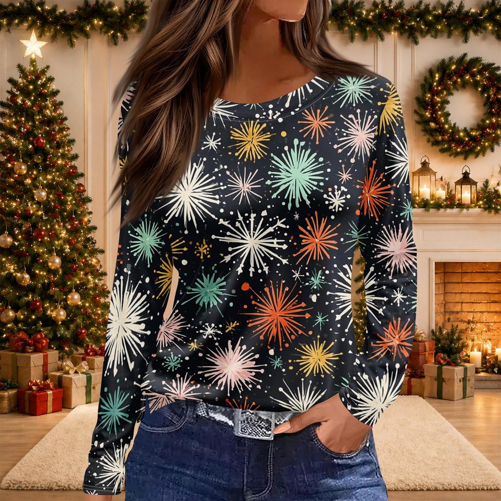 Women's Christmas Print Long Sleeve Top with Round Neck and Side Slit