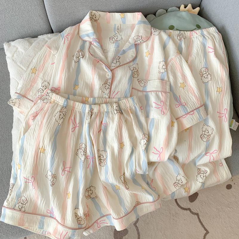 Blue Bear Women's Summer Cotton Pajama Set - Short-Sleeved, Cute Cartoon Design, Three-Piece Loungewear.