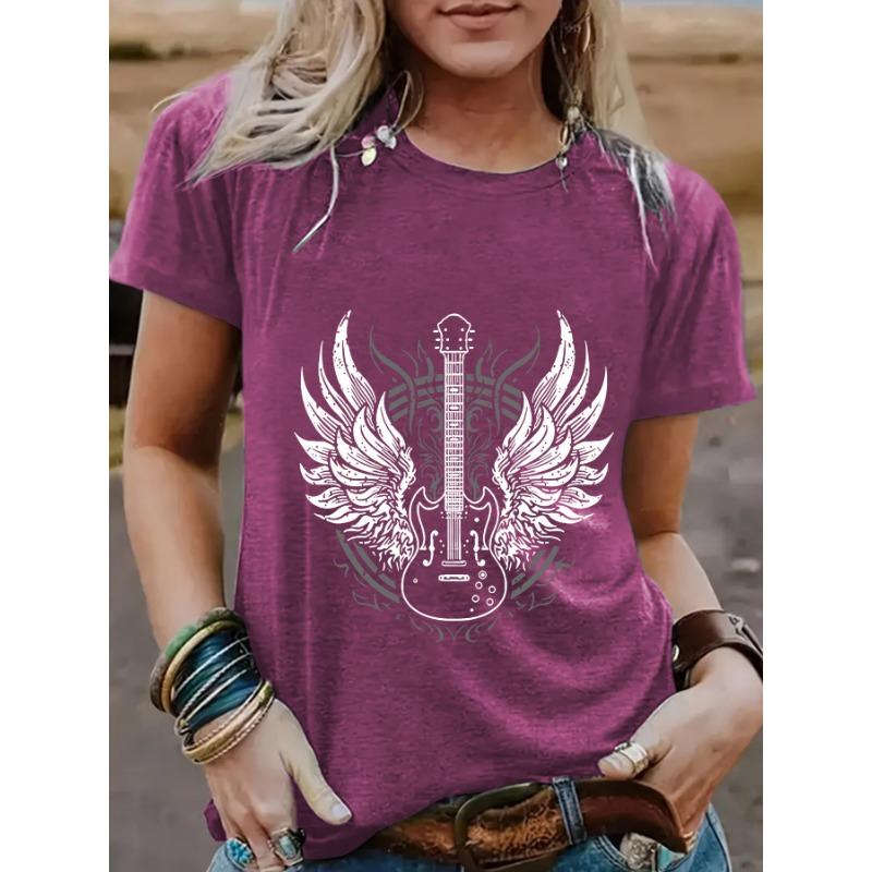 Summer Guitar Pattern Pure Cotton Round Neck Short Sleeved Casual Fashion Top T-Shirts Women’s