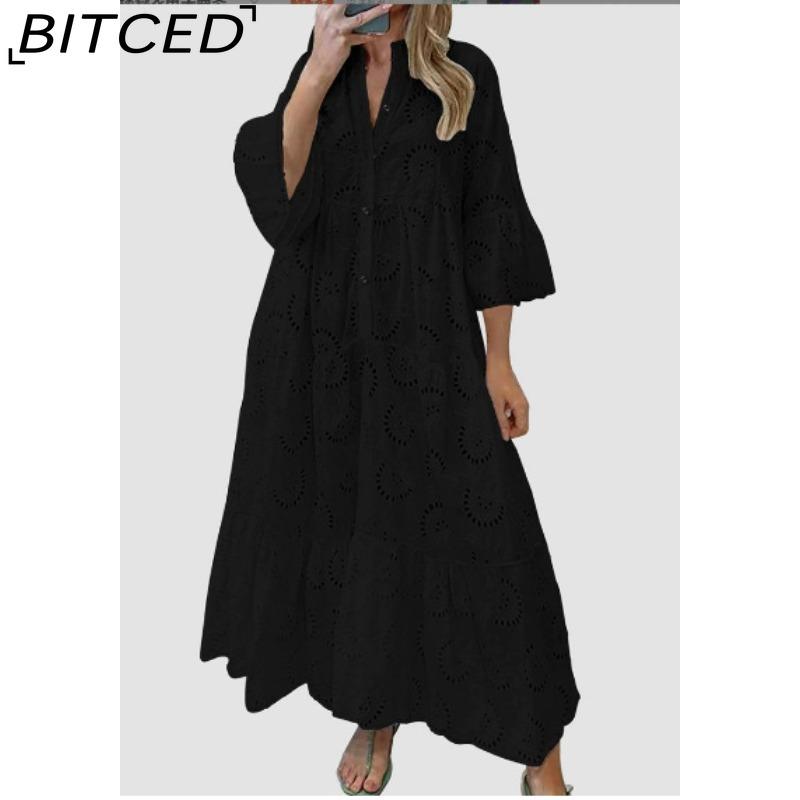 

BITCED Women s Summer/Autumn V-neck Bell-Sleeve Lace-Embellished Solid-Colour Sensual Long Dress XXXXXL чорний