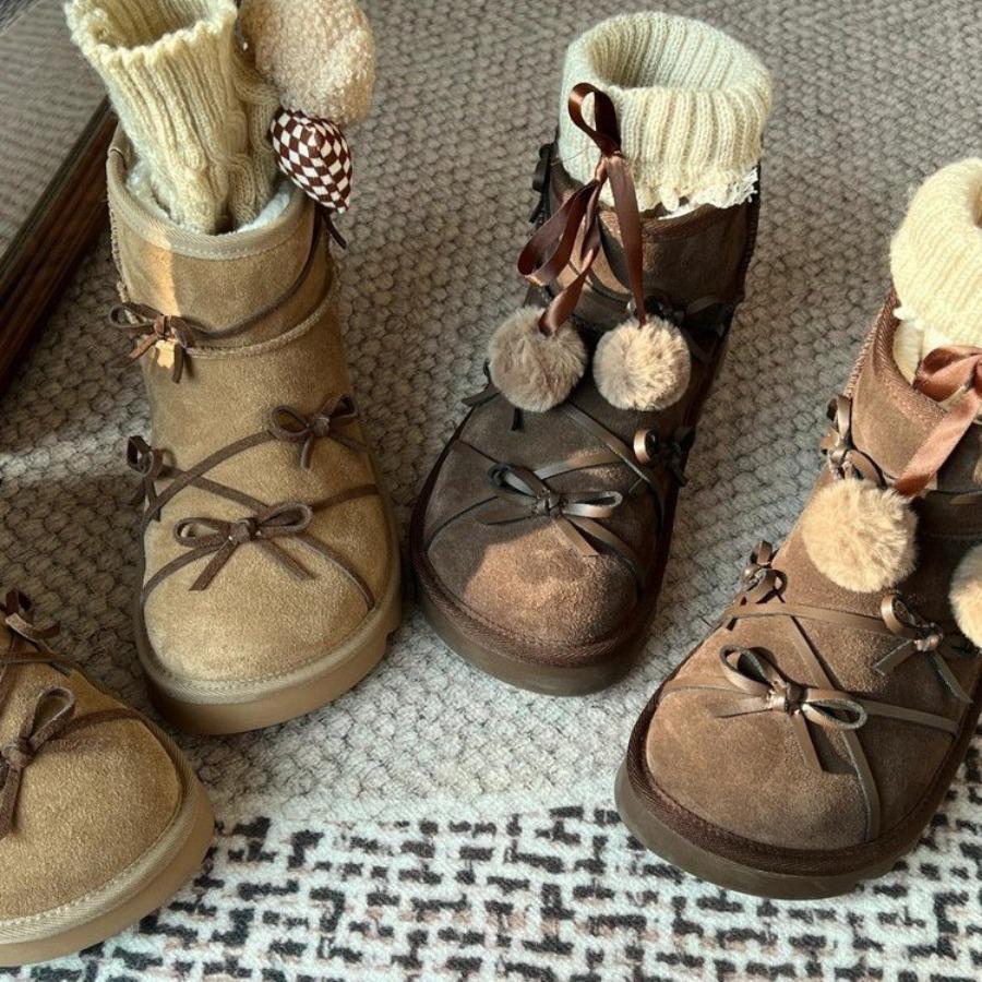 New Winter Women's Boots with Butterfly Knot, Coffee Color,Flat Platform Snow Boots Short Tube Warm Woolen Boots